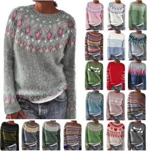 Women's Vintage Fair Isle Sweaters Casual Crewneck Pullover Knitted Top Lightweight Long Sleeve Retro Striped Shirt