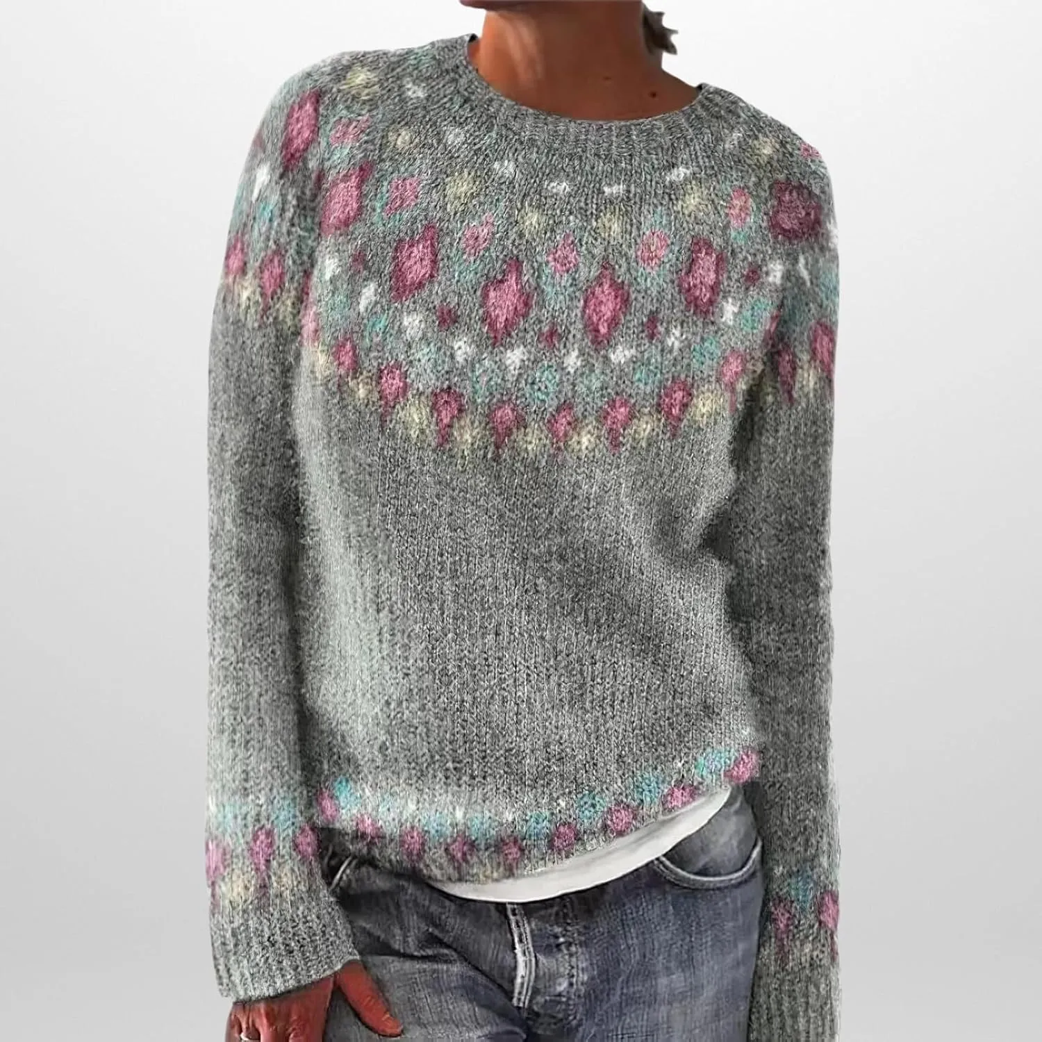 Women's Vintage Fair Isle Sweaters Casual Crewneck Pullover Knitted Top Lightweight Long Sleeve Retro Striped Shirt