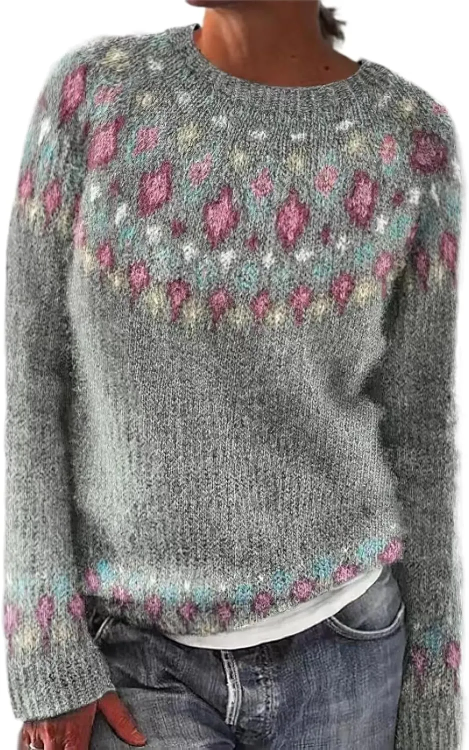 Women's Vintage Fair Isle Sweaters Casual Crewneck Pullover Knitted Top Lightweight Long Sleeve Retro Striped Shirt