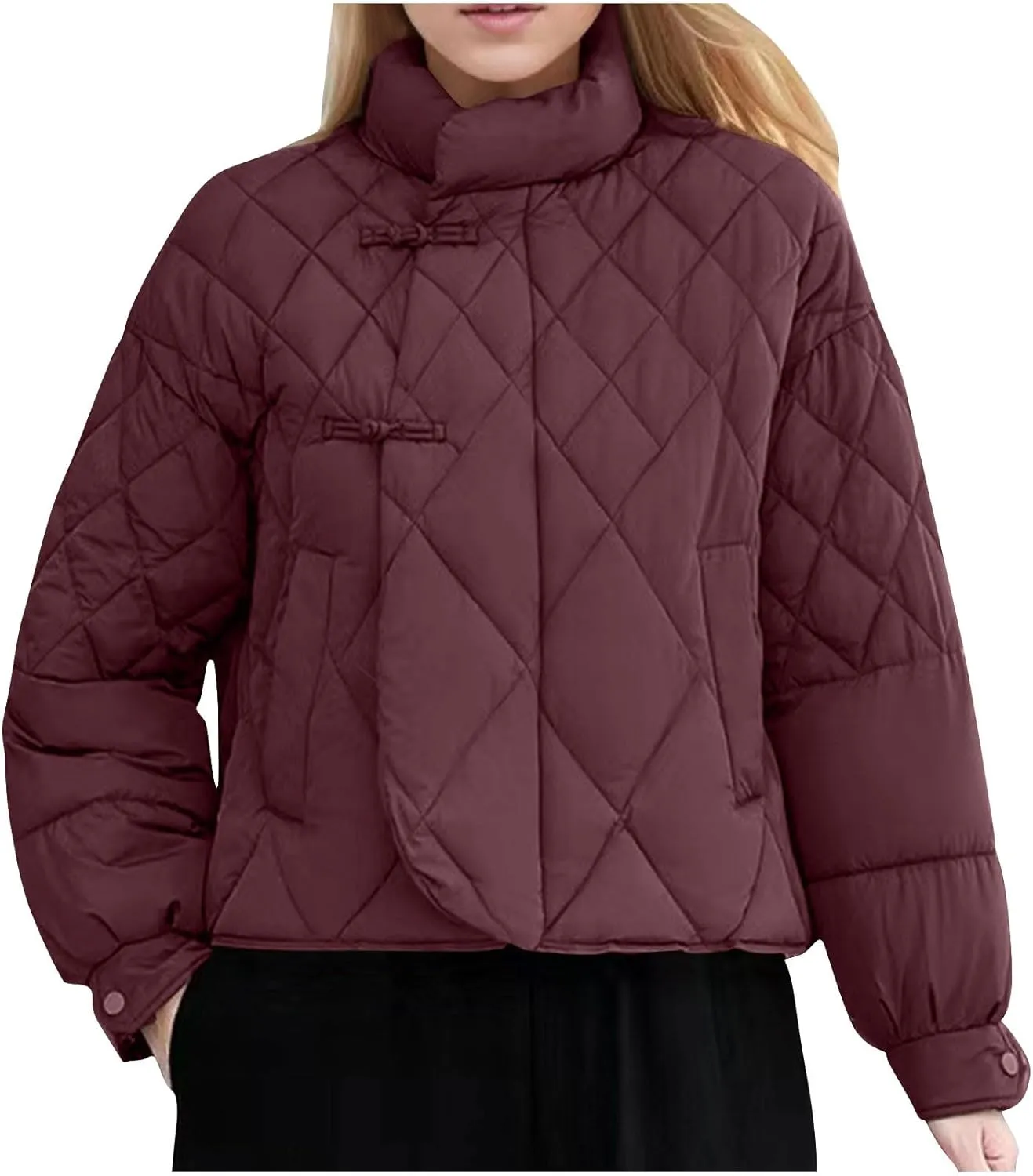 Womens Winter Jacket Long Sleeve Warm Puffer Jacket Short Casual Fashion Quilted Coats with Pockets