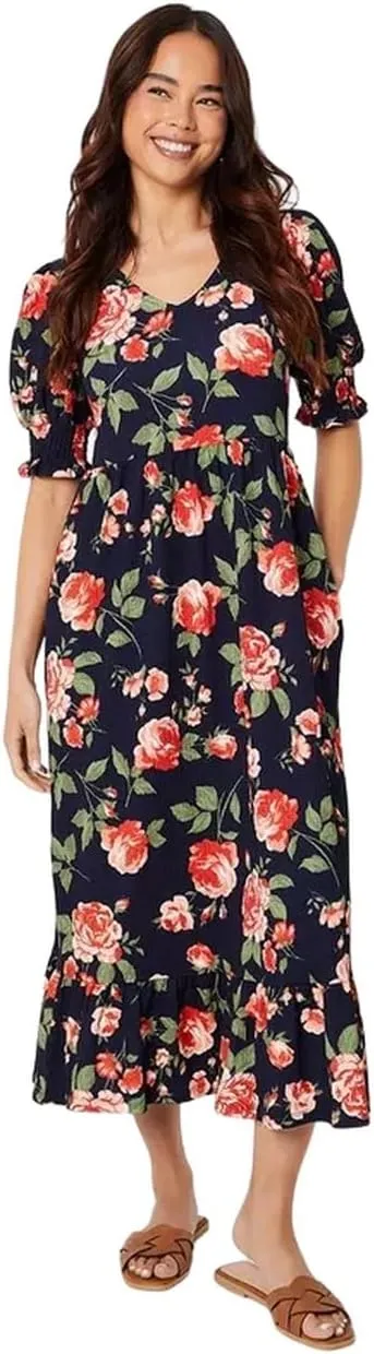 Womens/Ladies Floral Tiered Petite Midi Dress (4 US) (Navy), Navy, 4 US