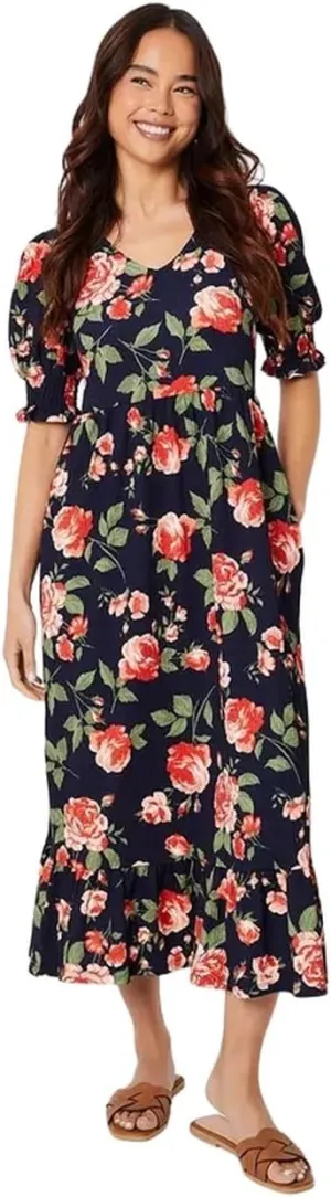 Womens/Ladies Floral Tiered Petite Midi Dress (4 US) (Navy), Navy, 4 US