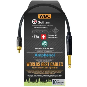 WORLDS BEST CABLES 0.5 Foot – TS to RCA Cable – Gotham GAC-1 Ultra Pro Low- Capacitance Instrument Cable & Neutrik NP2X-B & Amphenol ACPL-CBK Gold Plugs - Custom Made