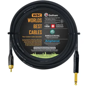 WORLDS BEST CABLES 20 Foot – TS to RCA Cable – Gotham GAC-1 Ultra Pro Low- Capacitance Instrument Cable & Neutrik NP2X-B & Amphenol ACPL-CBK Gold Plugs - Custom Made