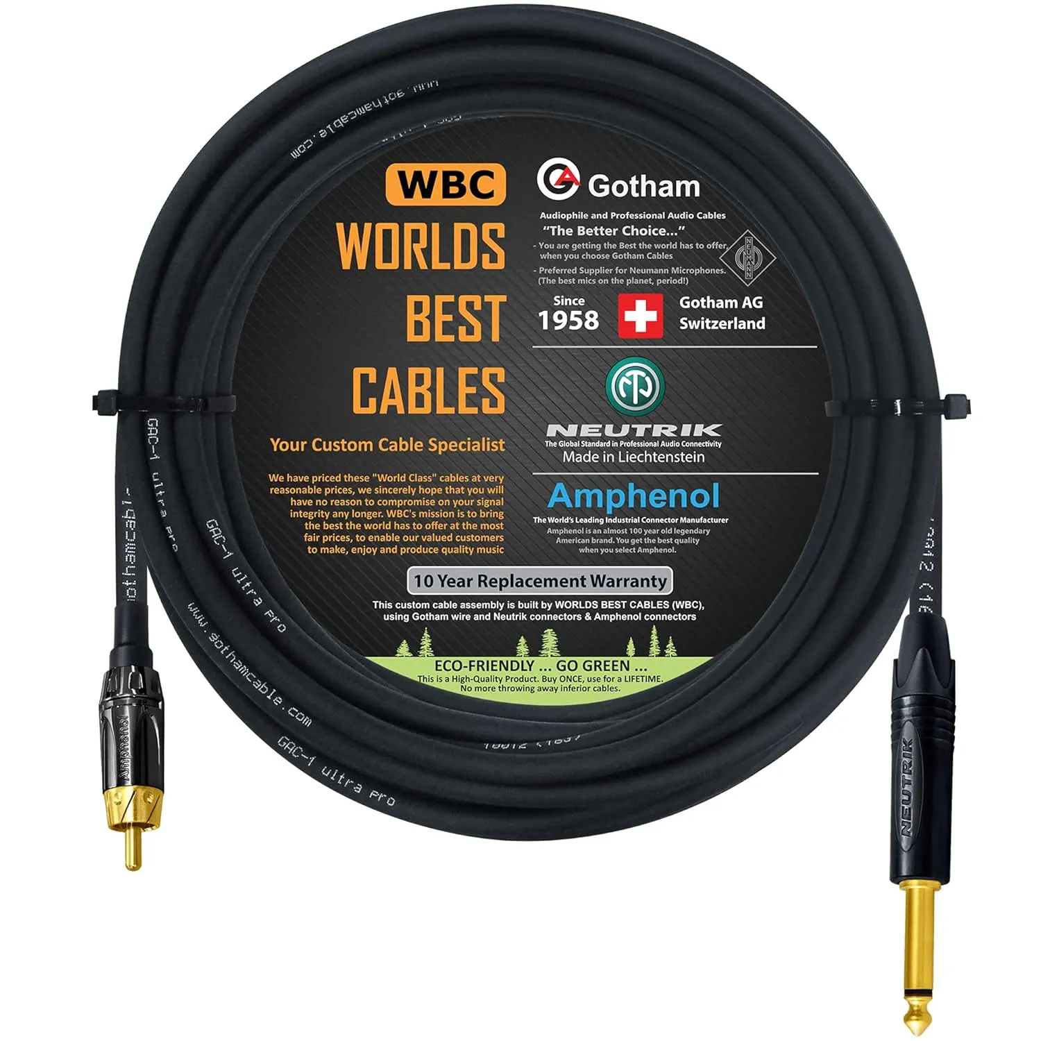 WORLDS BEST CABLES 20 Foot – TS to RCA Cable – Gotham GAC-1 Ultra Pro Low- Capacitance Instrument Cable & Neutrik NP2X-B & Amphenol ACPL-CBK Gold Plugs - Custom Made