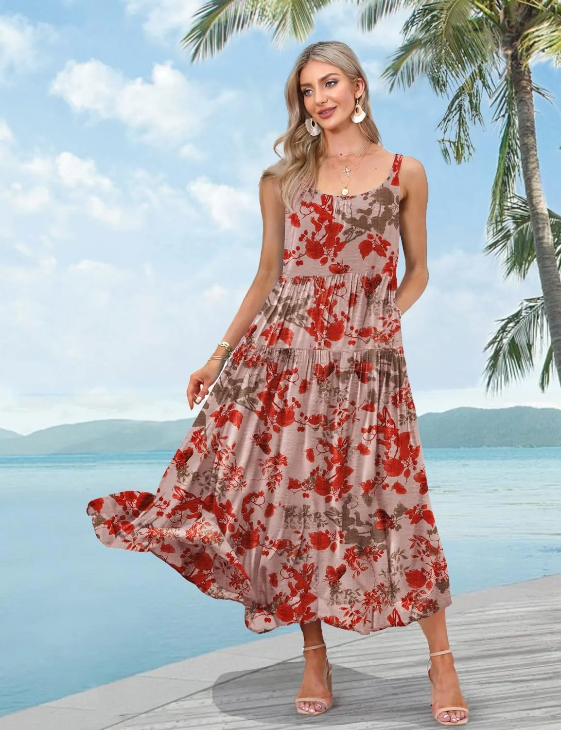 YESNO Summer Bohemian Floral Dresses for Women Spaghetti Straps Maxi Dress Casual Flowy Dresses with Pockets ES0