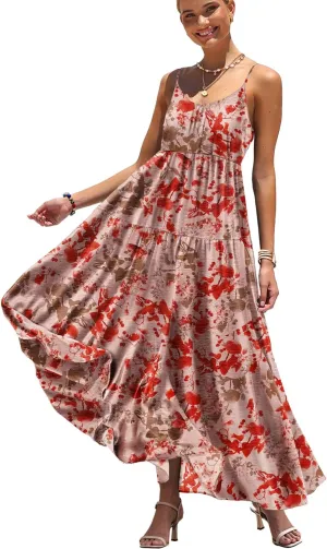 YESNO Summer Bohemian Floral Dresses for Women Spaghetti Straps Maxi Dress Casual Flowy Dresses with Pockets ES0
