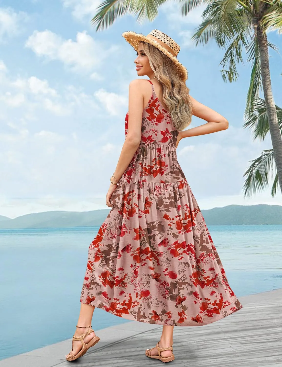 YESNO Summer Bohemian Floral Dresses for Women Spaghetti Straps Maxi Dress Casual Flowy Dresses with Pockets ES0