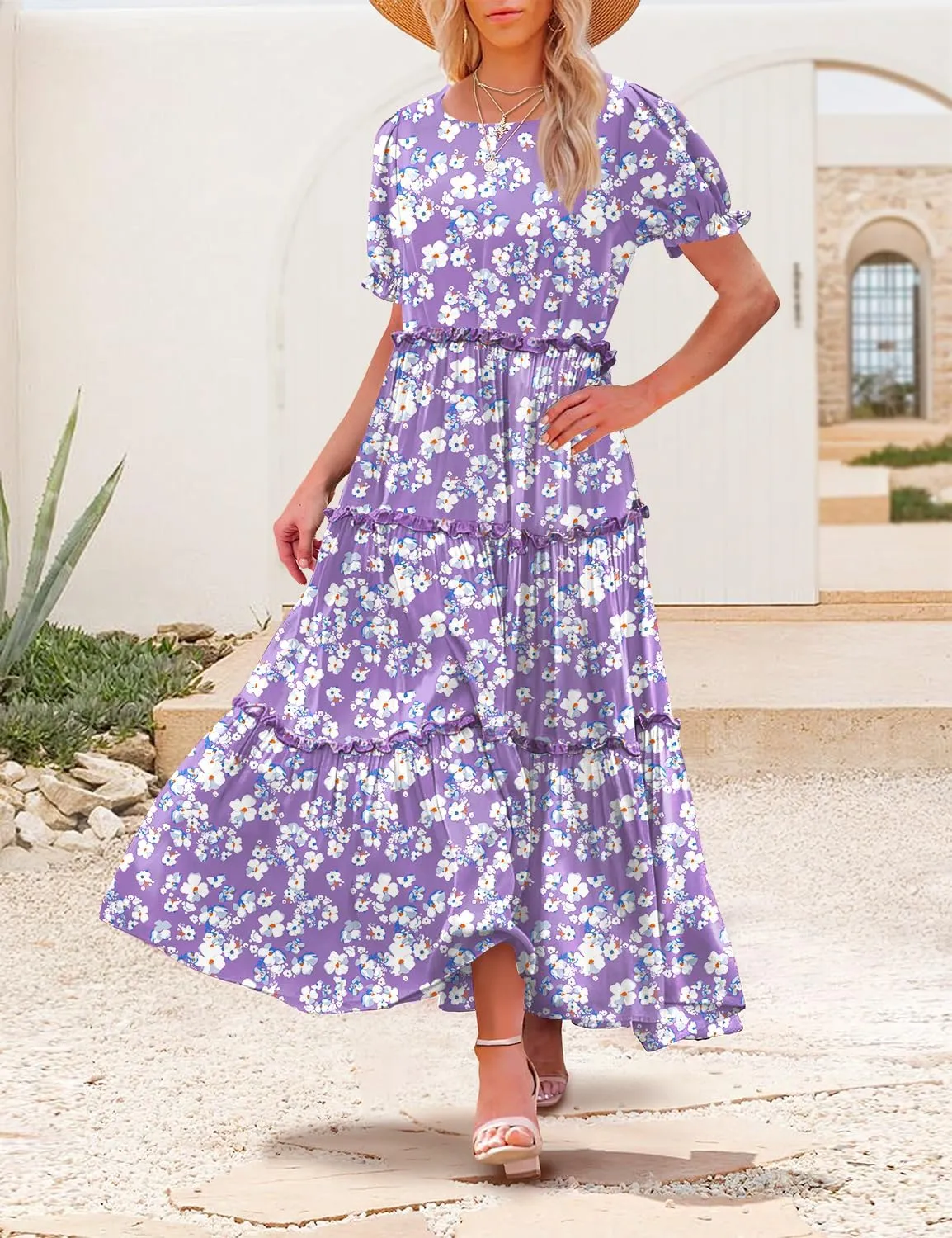 YESNO Summer Casual Bohemian Floral Dresses for Women Puff Short Sleeve Long Maxi Dress with Pockets ETX