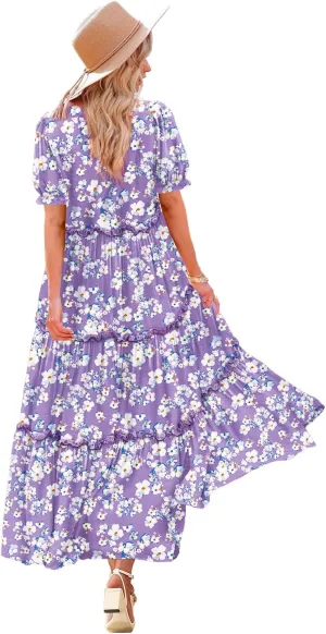 YESNO Summer Casual Bohemian Floral Dresses for Women Puff Short Sleeve Long Maxi Dress with Pockets ETX