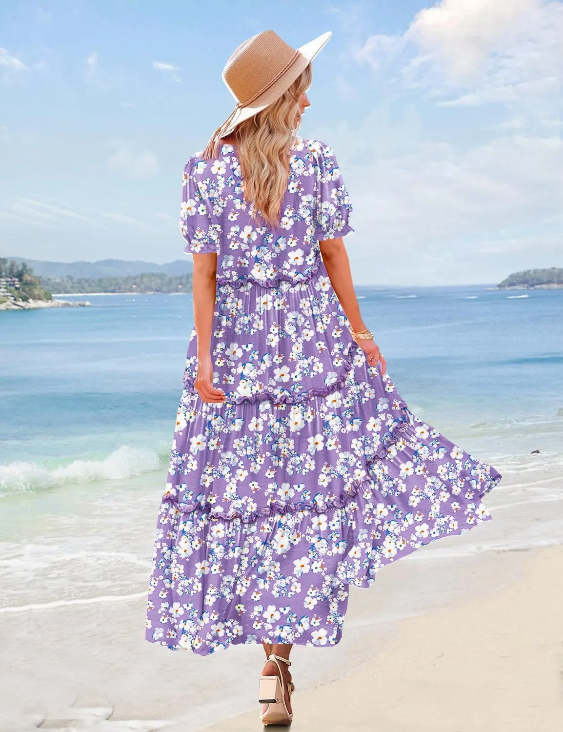 YESNO Summer Casual Bohemian Floral Dresses for Women Puff Short Sleeve Long Maxi Dress with Pockets ETX