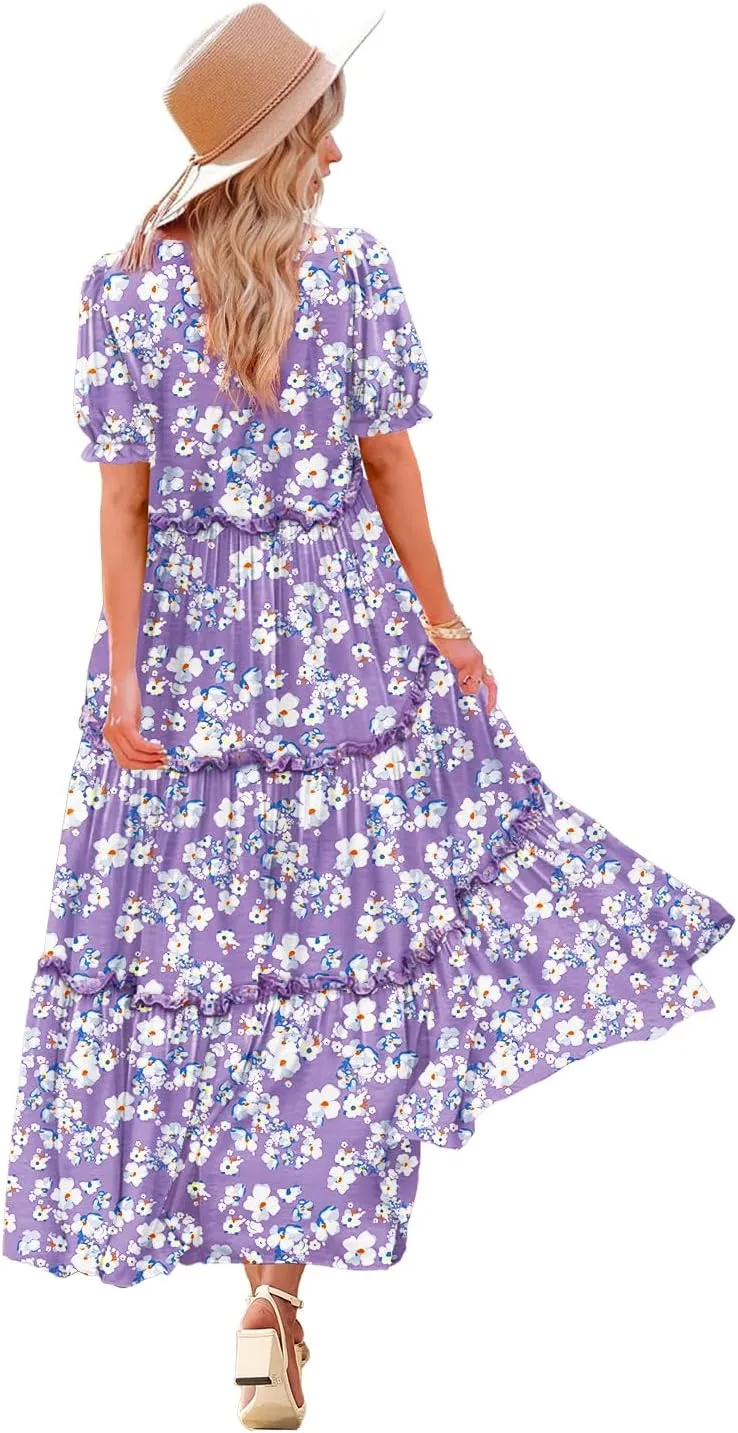 YESNO Summer Casual Bohemian Floral Dresses for Women Puff Short Sleeve Long Maxi Dress with Pockets ETX