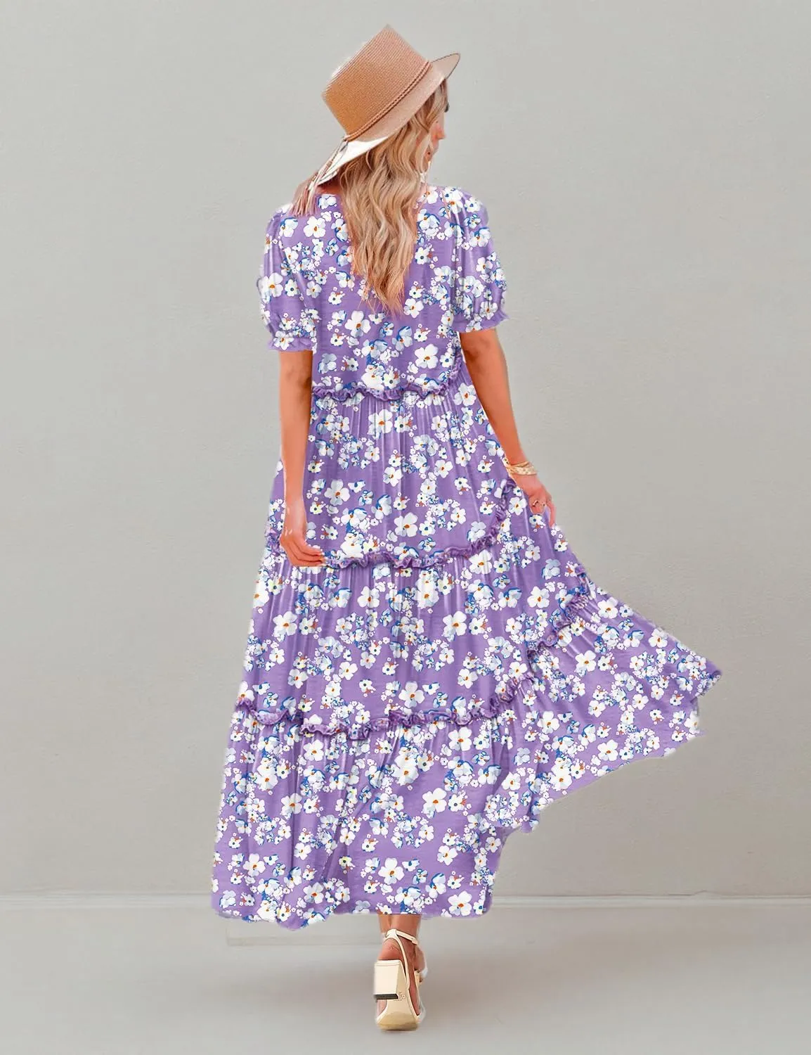 YESNO Summer Casual Bohemian Floral Dresses for Women Puff Short Sleeve Long Maxi Dress with Pockets ETX