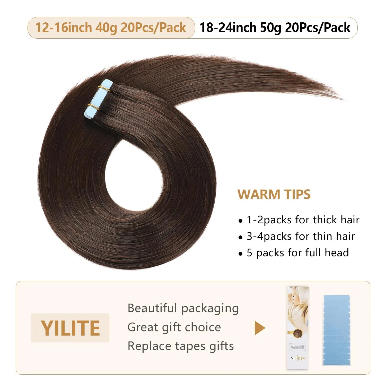 YILITE Brown Tape in Hair Extensions Human Hair,#2 Darkest Brown Tape ins, Silky Straight Tape in Human Hair Extensions 20pcs 50g 18 inch,Hair Extensions Tape in(18inch #2 Dark Brown)
