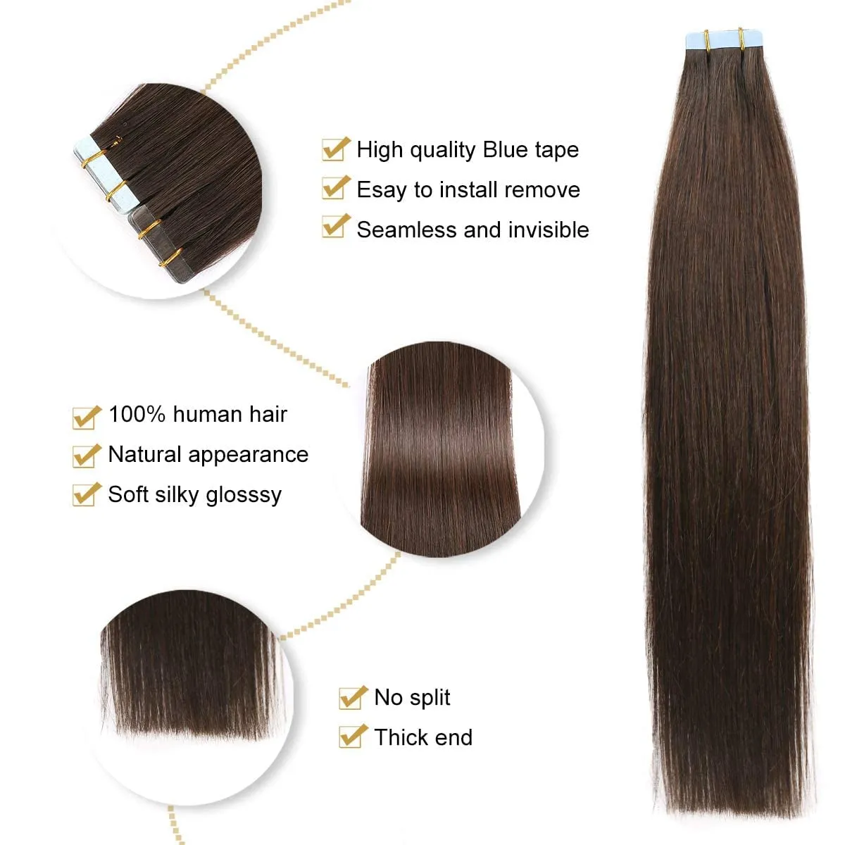 YILITE Brown Tape in Hair Extensions Human Hair,#2 Darkest Brown Tape ins, Silky Straight Tape in Human Hair Extensions 20pcs 50g 18 inch,Hair Extensions Tape in(18inch #2 Dark Brown)