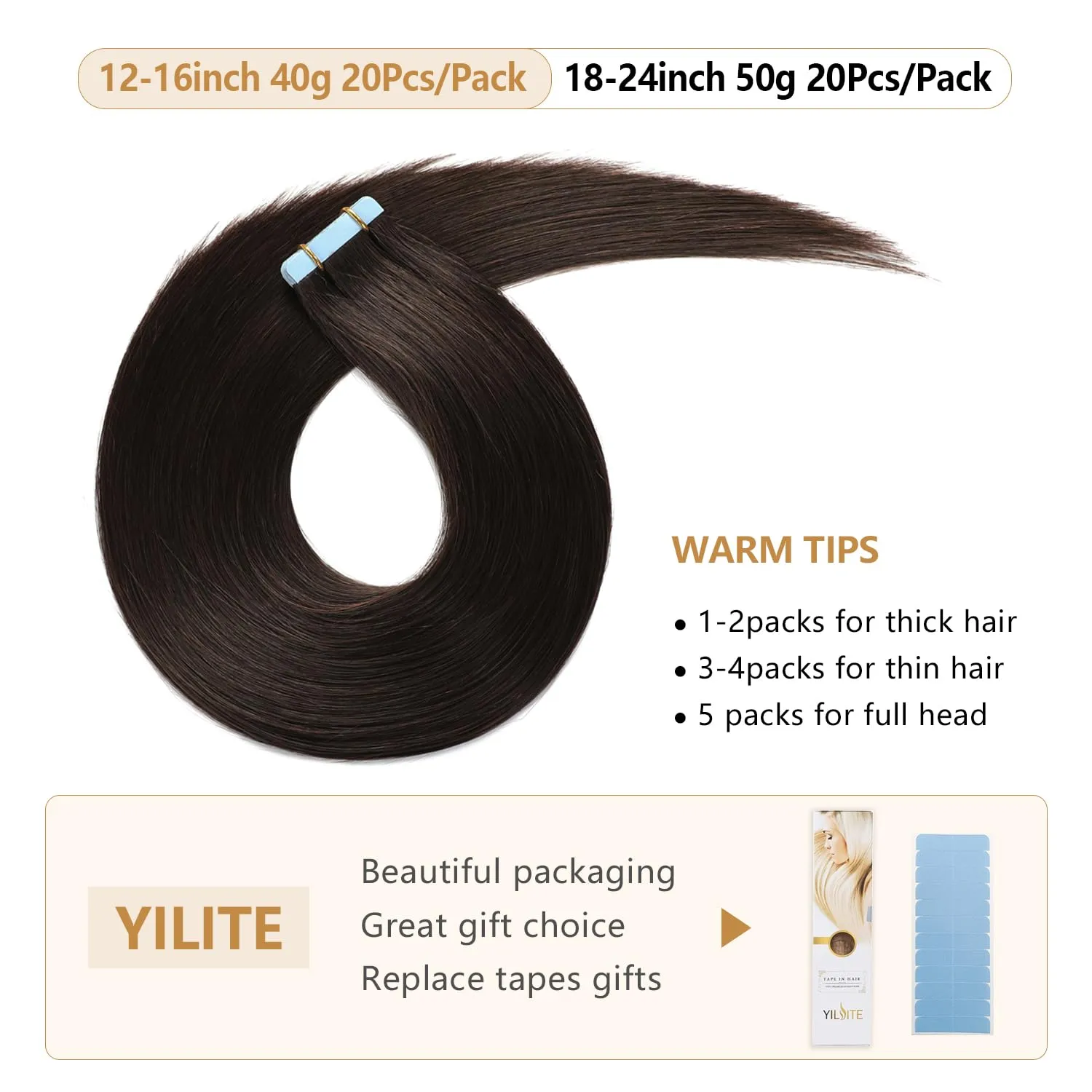 YILITE Remy Human Hair Tape in Extensions - 14 Inch, 40g, 20pcs, Straight, Natural Black 1B