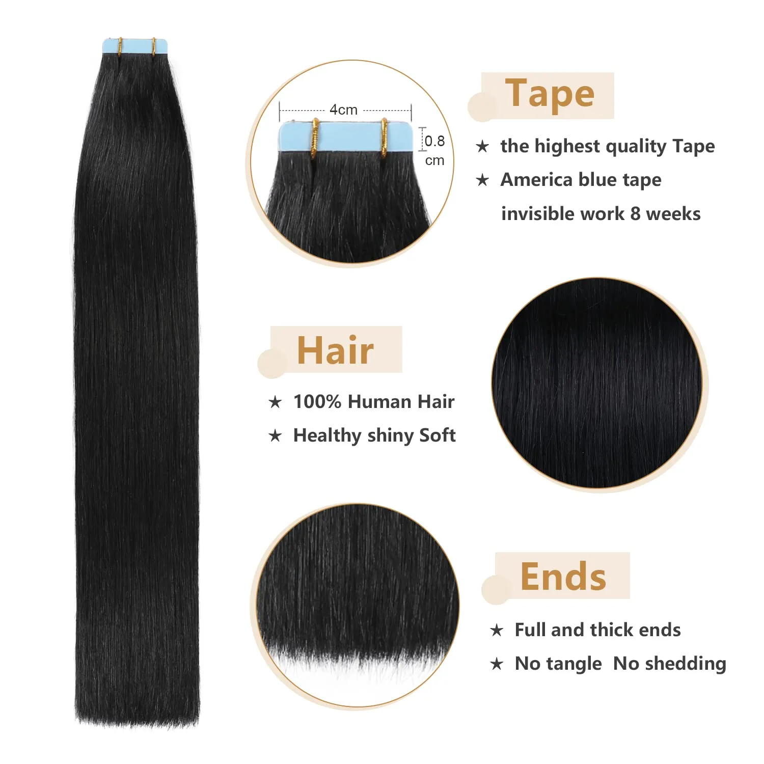 YILITE Tape-in Hair Extensions - 14inch Jet Black, Silky Straight, 20pcs 40g