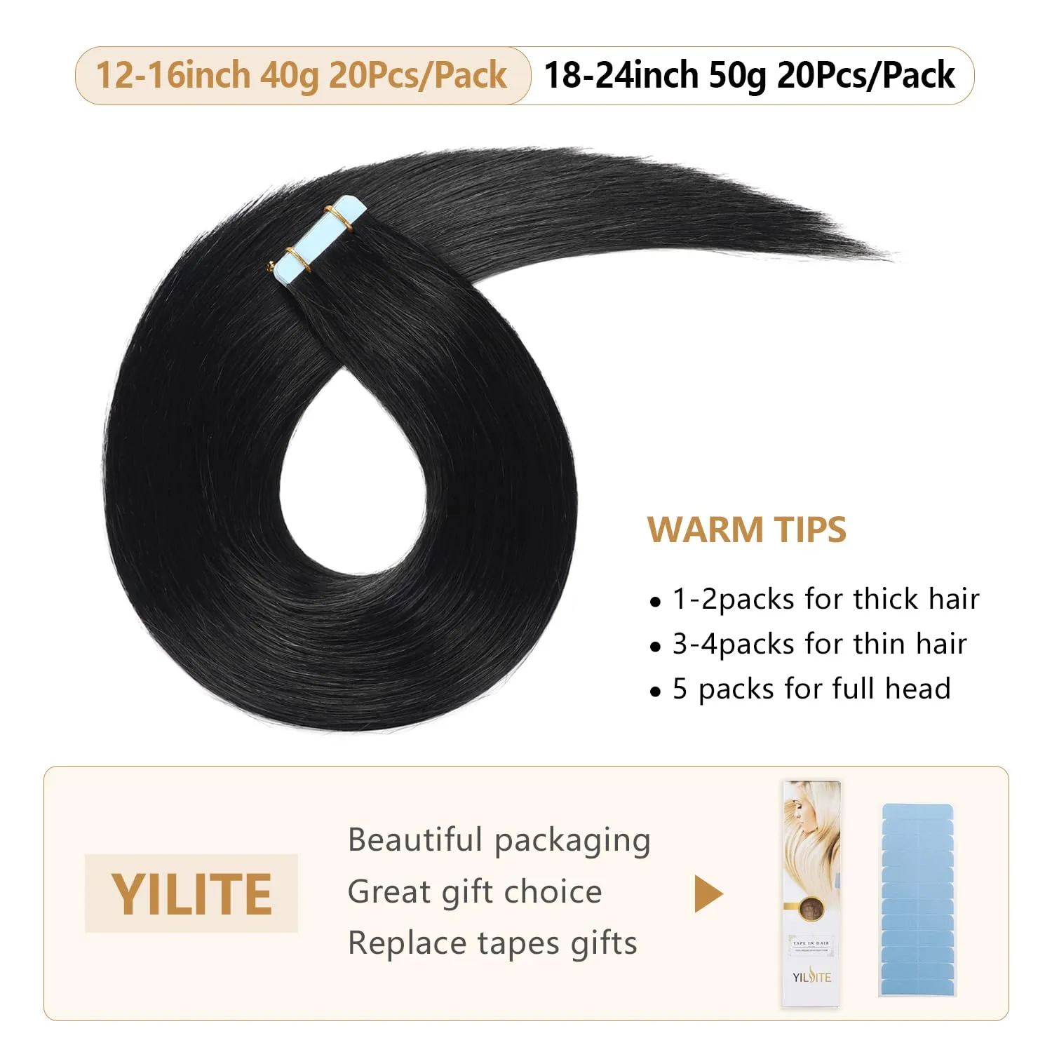 YILITE Tape-in Hair Extensions - 14inch Jet Black, Silky Straight, 20pcs 40g
