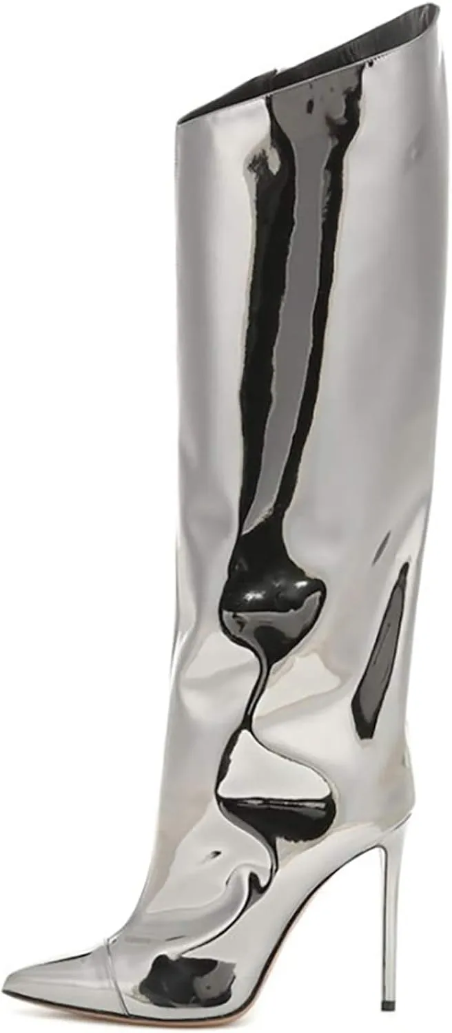 YIYA Women's Patent Leather Knee High Boots Sexy Pointed Toe Stiletto High Heels Metallic Bright Leather Side Zipper Booties Dress Shoes