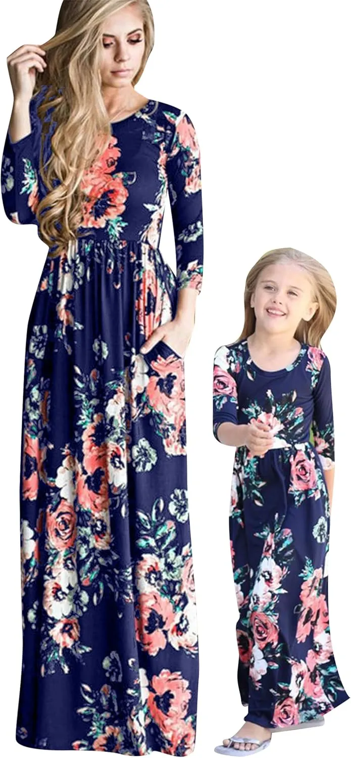 YMING Mommy and Daughter Matching Dresses Parent Child Sleeveless Outfits Floral Printed Dress