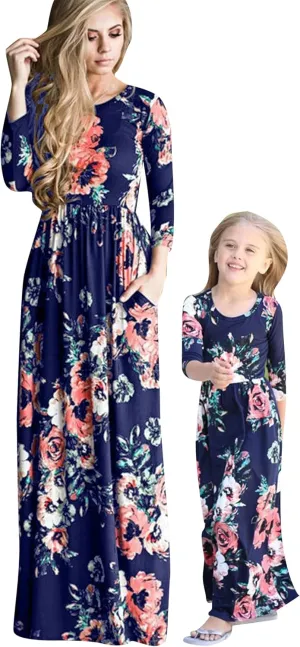 YMING Mommy and Daughter Matching Dresses Parent Child Sleeveless Outfits Floral Printed Dress
