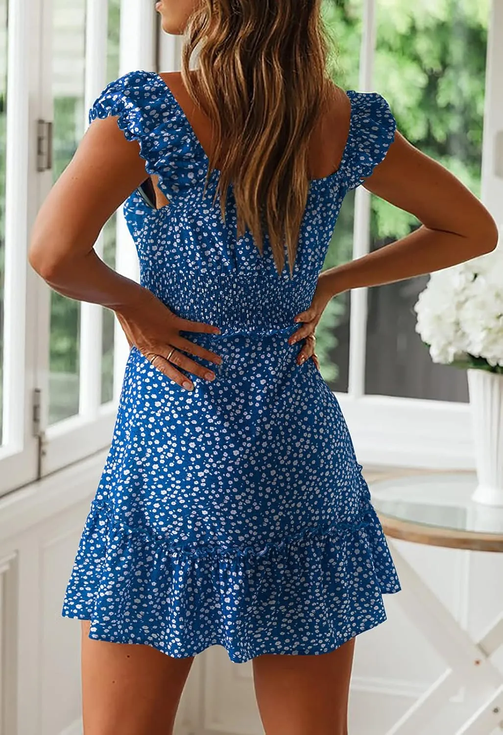 YOBECHO Womens Summer Sexy Sweetheart Collar Printed Ruffle Mini Dress