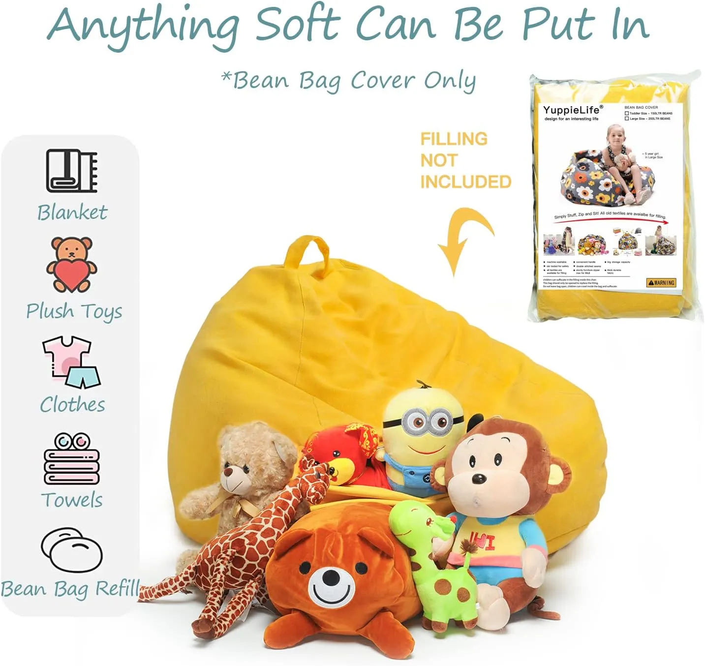 YuppieLife Stuffed Animals Bean Bag Chair Cover Candy-Colored Bean Bag（Just Cover, No filling）/Large Stuff 'n Sit Organization/Toy Storage Bag/Kids Toys Organizer（38'',Ginger）