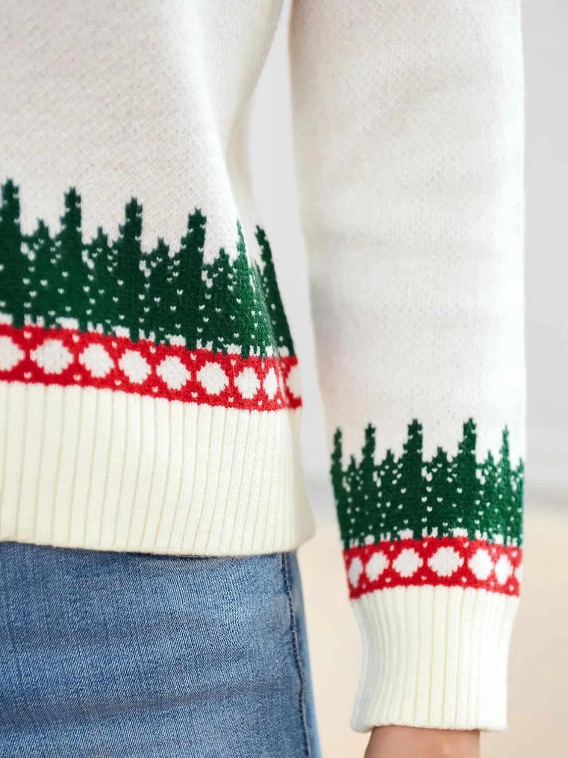 ZAFUL Women's Christmas Cedar Snowflake Trucks Patterns Knitted Sweater Long Sleeve Floral Printed Pullover Tops