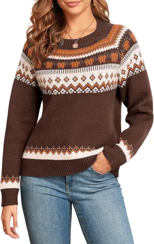 ZAFUL Women's Christmas Cedar Snowflake Trucks Patterns Knitted Sweater Long Sleeve Floral Printed Pullover Tops