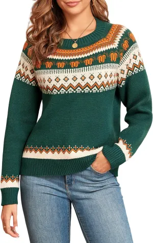 ZAFUL Women's Christmas Cedar Snowflake Trucks Patterns Knitted Sweater Long Sleeve Floral Printed Pullover Tops