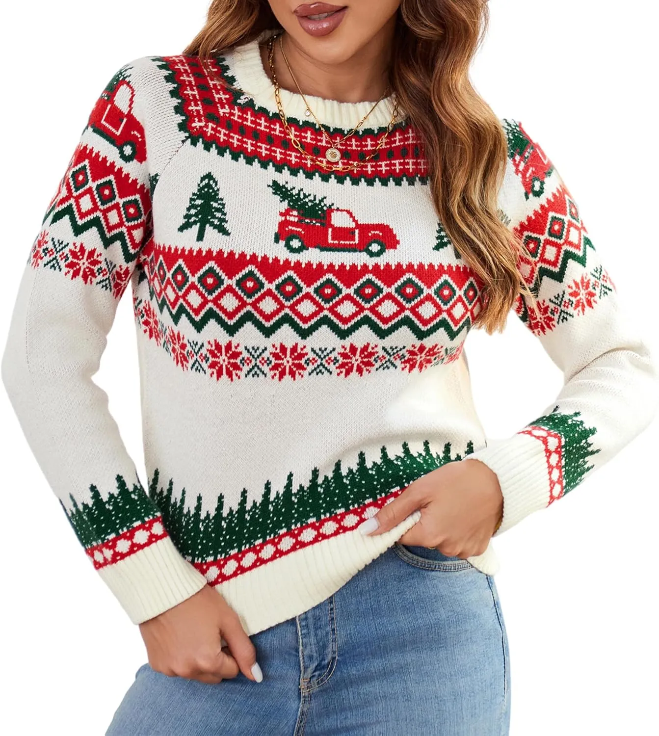 ZAFUL Women's Christmas Cedar Snowflake Trucks Patterns Knitted Sweater Long Sleeve Floral Printed Pullover Tops