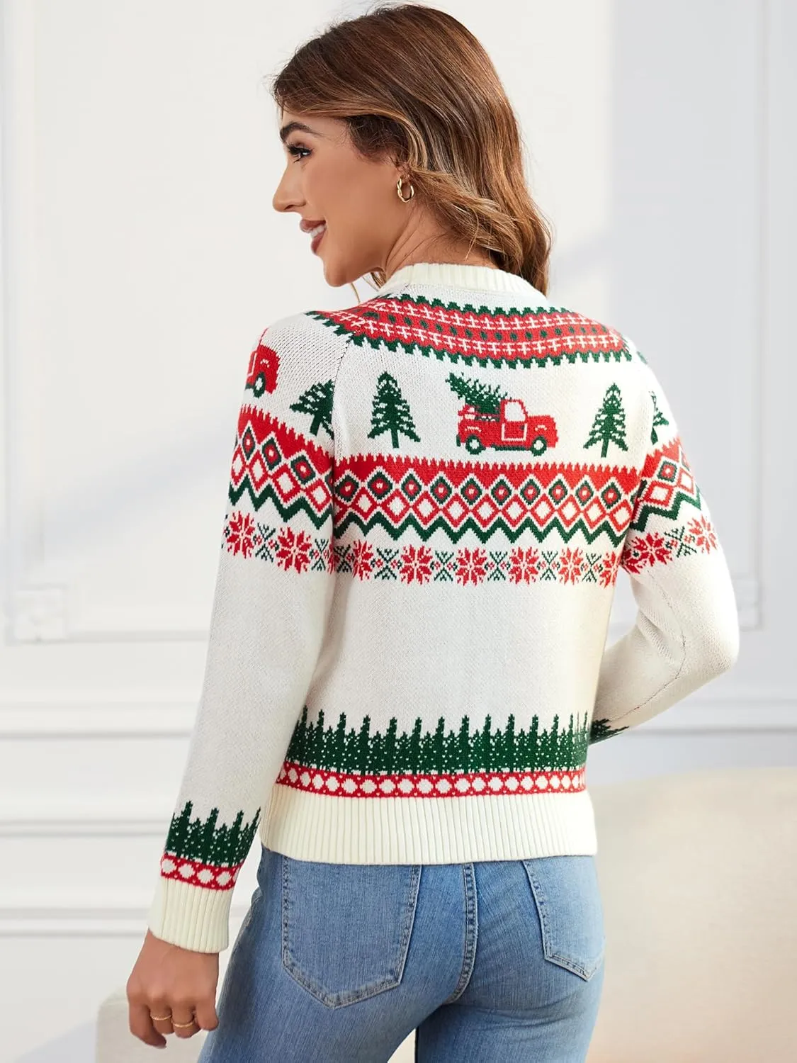 ZAFUL Women's Christmas Cedar Snowflake Trucks Patterns Knitted Sweater Long Sleeve Floral Printed Pullover Tops