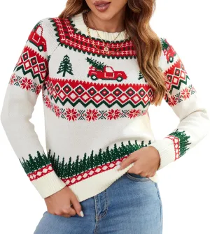 ZAFUL Women's Christmas Cedar Snowflake Trucks Patterns Knitted Sweater Long Sleeve Floral Printed Pullover Tops