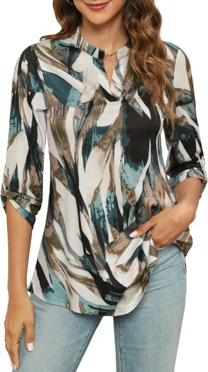 Zattcas Womens Floral Printed Tunic Shirts 3/4 Roll Sleeve Notch Neck Tunic Top
