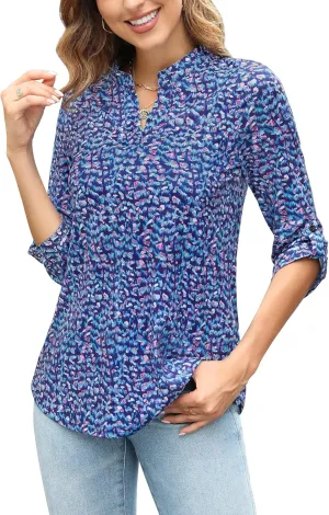 Zattcas Womens Floral Printed Tunic Shirts 3/4 Roll Sleeve Notch Neck Tunic Top