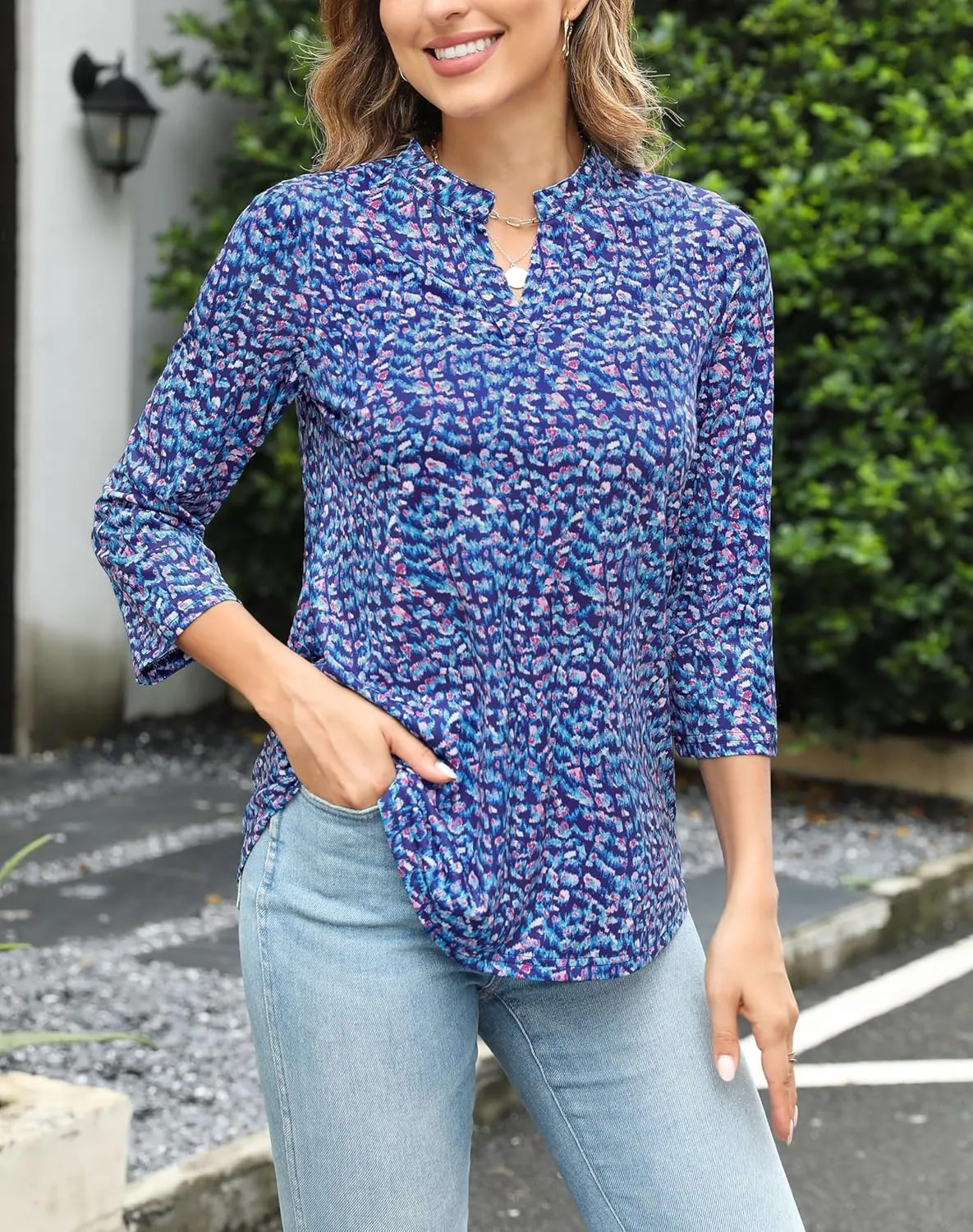 Zattcas Womens Floral Printed Tunic Shirts 3/4 Roll Sleeve Notch Neck Tunic Top