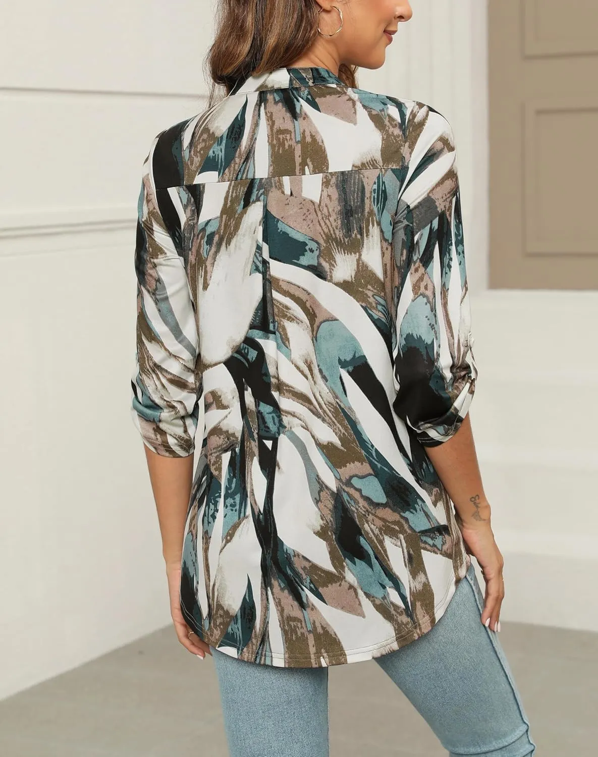 Zattcas Womens Floral Printed Tunic Shirts 3/4 Roll Sleeve Notch Neck Tunic Top