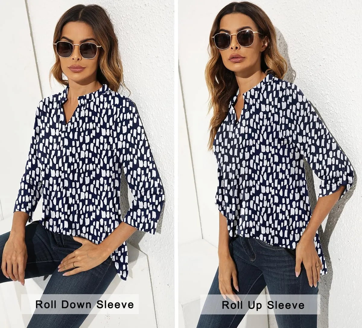 Zattcas Womens Floral Printed Tunic Shirts 3/4 Roll Sleeve Notch Neck Tunic Top