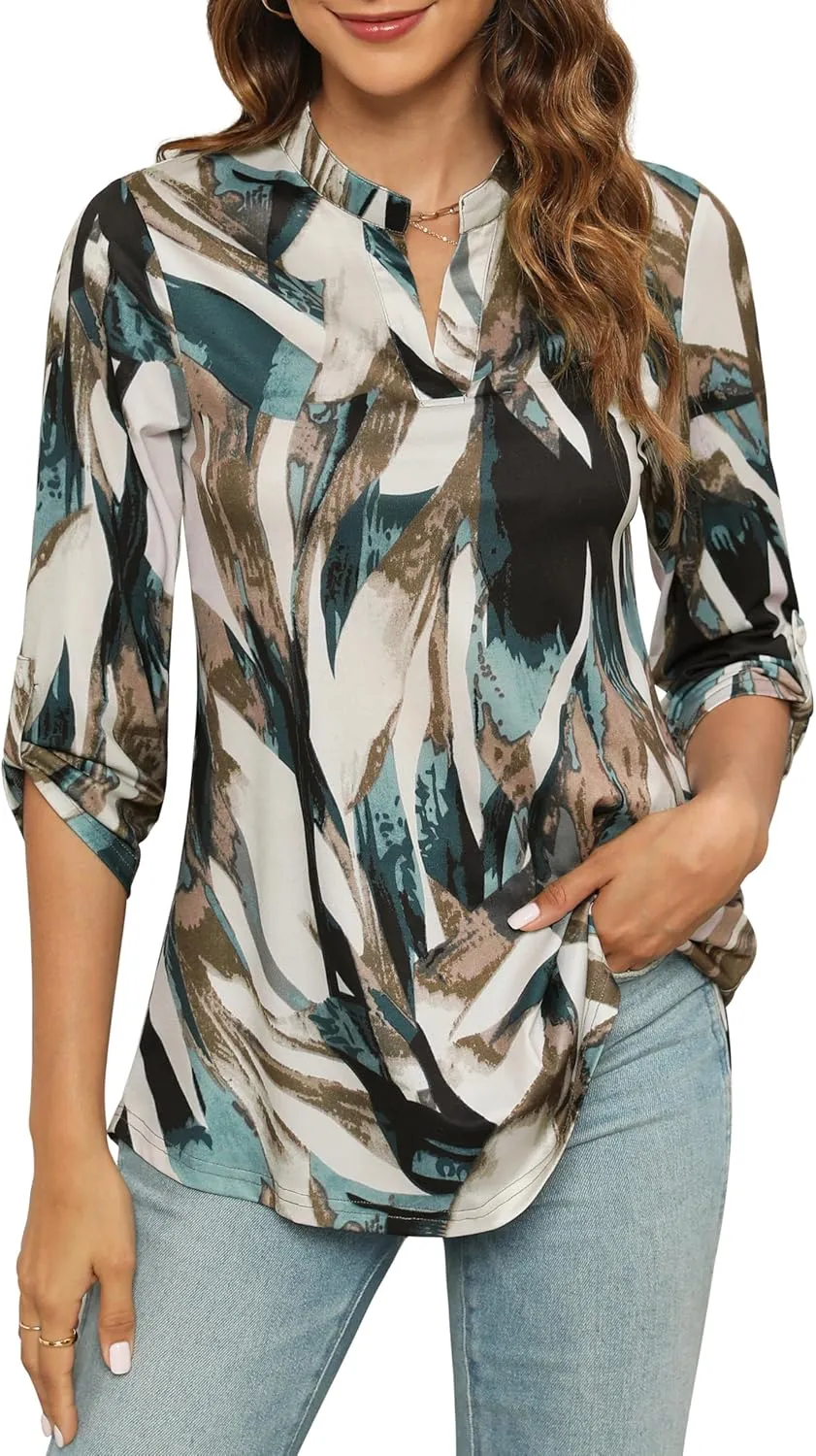 Zattcas Womens Floral Printed Tunic Shirts 3/4 Roll Sleeve Notch Neck Tunic Top