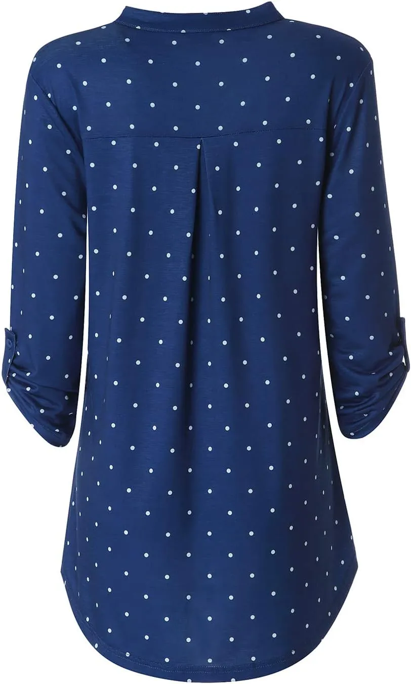 Zattcas Womens Floral Printed Tunic Shirts 3/4 Roll Sleeve Notch Neck Tunic Top