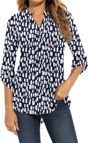 Zattcas Womens Floral Printed Tunic Shirts 3/4 Roll Sleeve Notch Neck Tunic Top