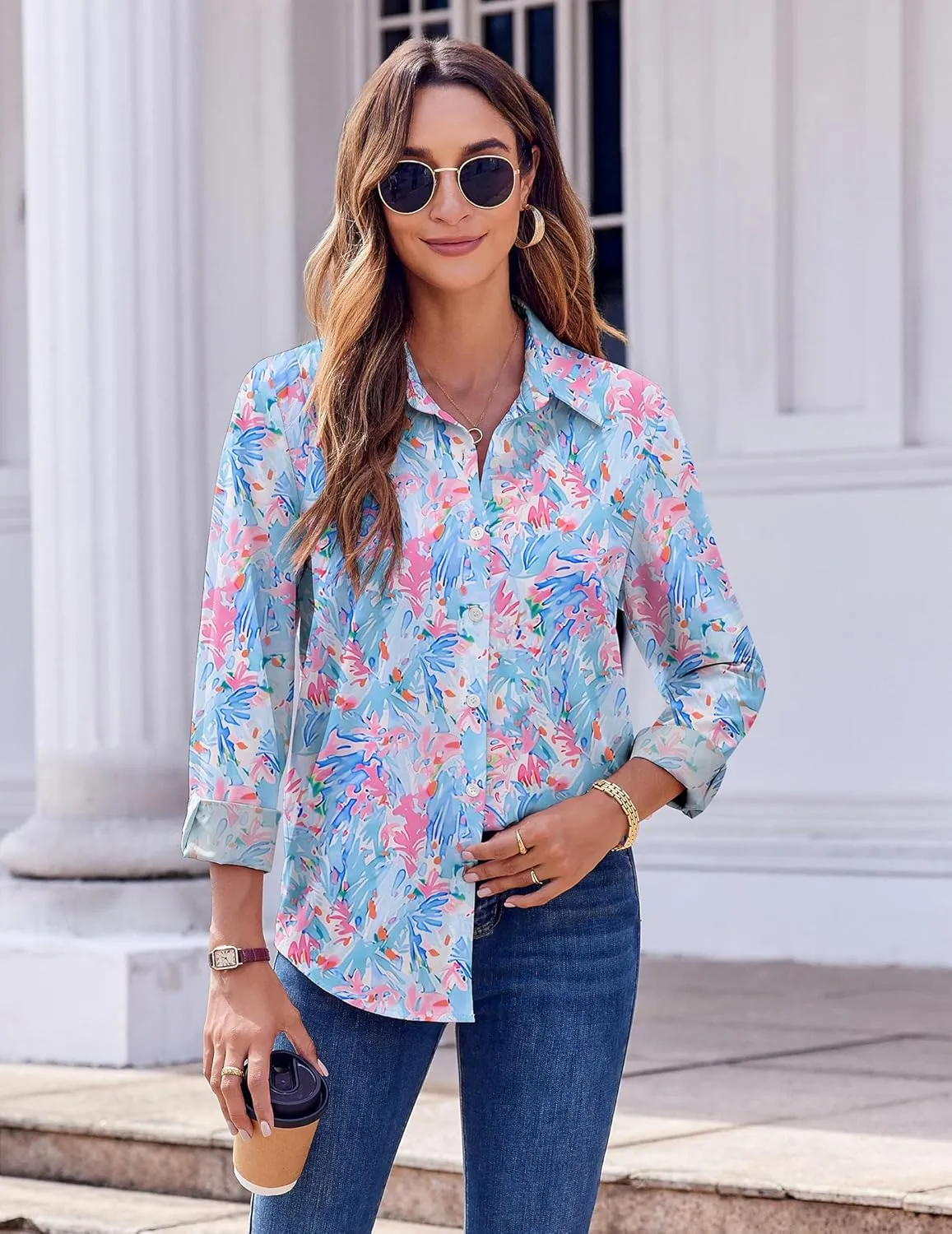 Zeagoo Button Down Shirts for Women Dressy Floral Printed Long Sleeve Blouse Business Casual Work Tops