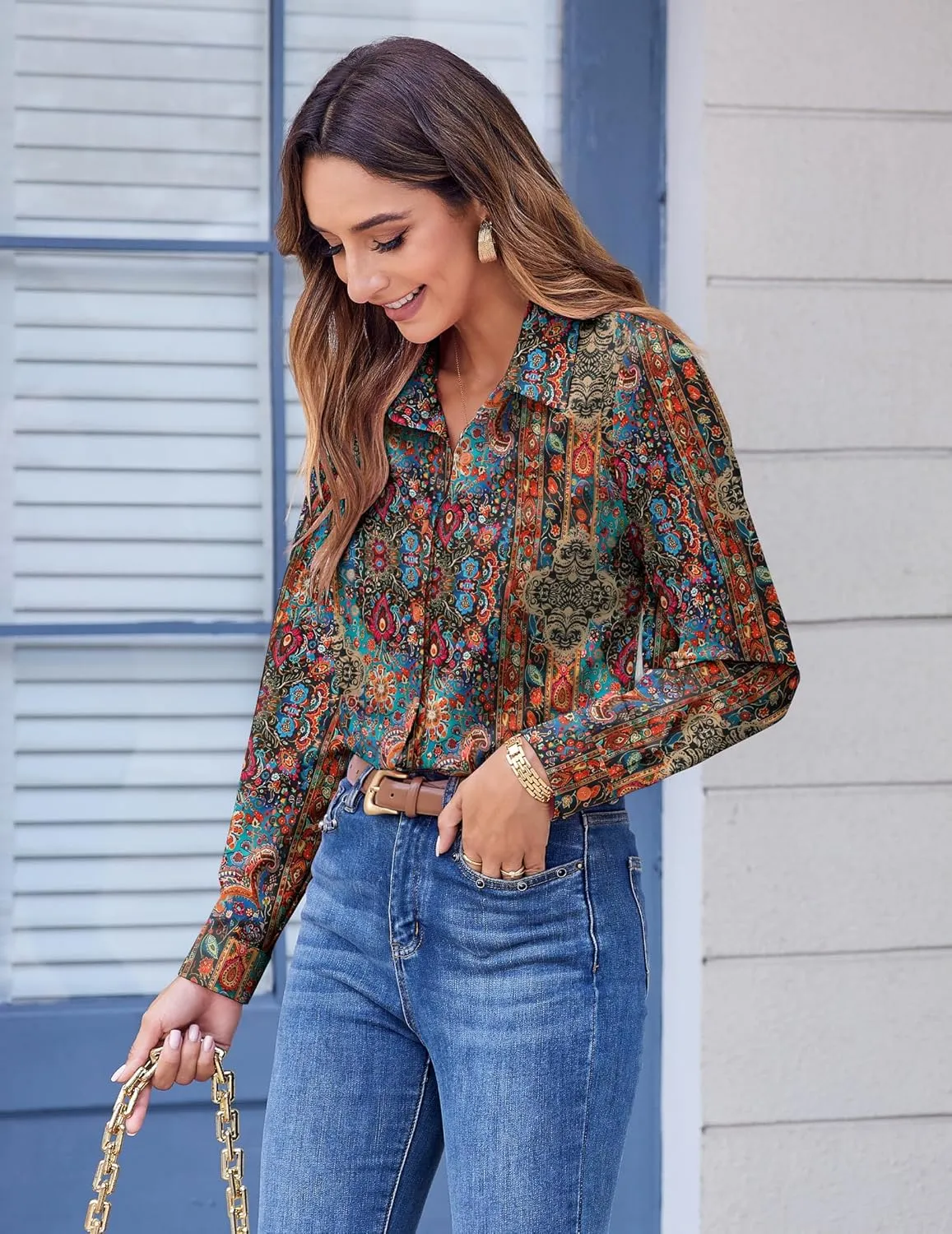 Zeagoo Button Down Shirts for Women Dressy Floral Printed Long Sleeve Blouse Business Casual Work Tops