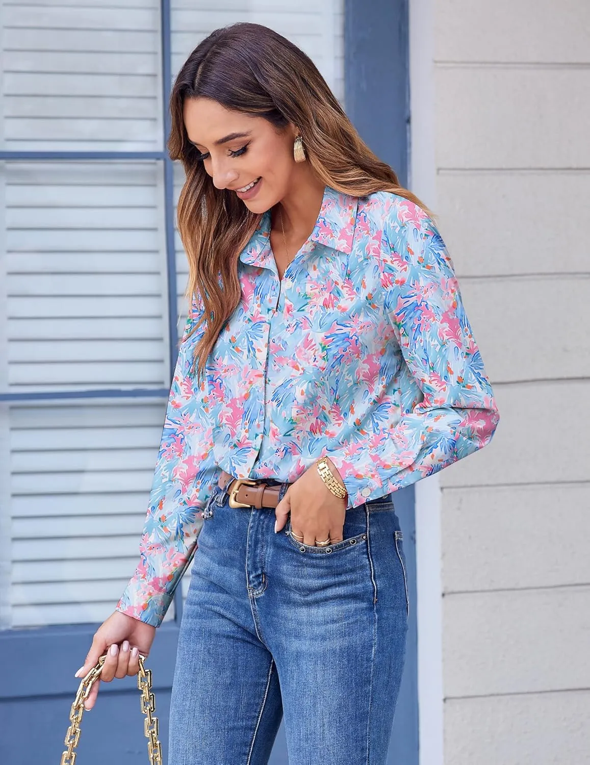 Zeagoo Button Down Shirts for Women Dressy Floral Printed Long Sleeve Blouse Business Casual Work Tops