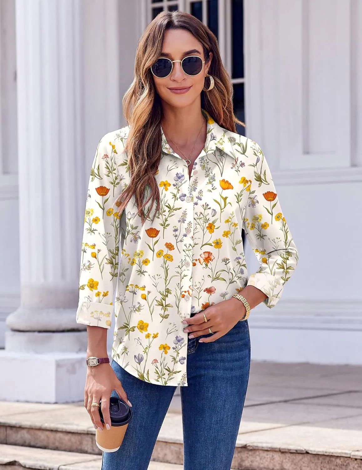 Zeagoo Button Down Shirts for Women Dressy Floral Printed Long Sleeve Blouse Business Casual Work Tops