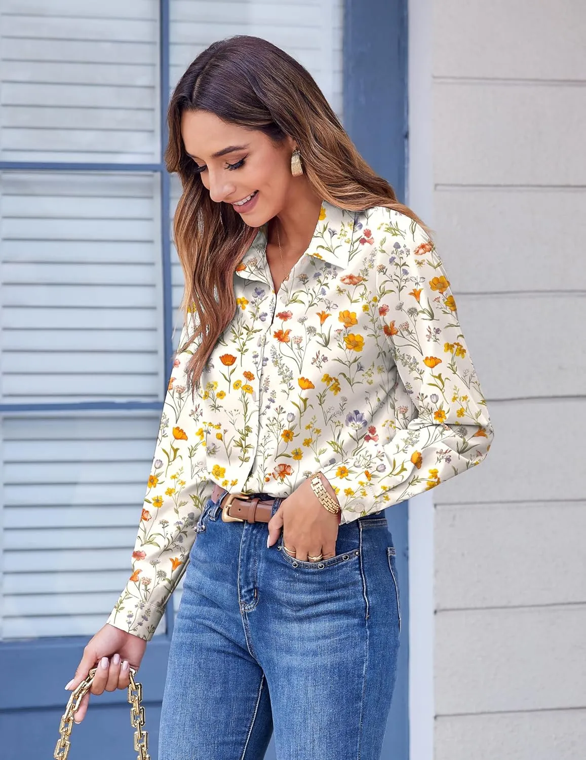 Zeagoo Button Down Shirts for Women Dressy Floral Printed Long Sleeve Blouse Business Casual Work Tops