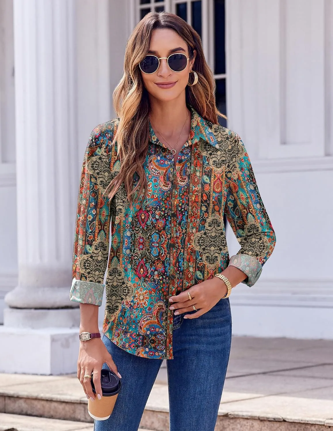 Zeagoo Button Down Shirts for Women Dressy Floral Printed Long Sleeve Blouse Business Casual Work Tops