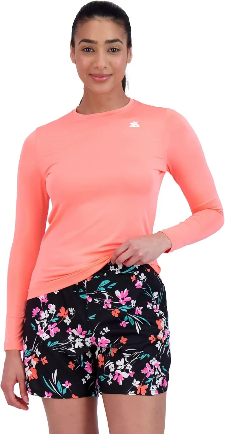 ZeroXposur Womens UV Shirt and Board Short Swimwear Set - Long Sleeve Rash Guard for Women with Printed Swim Short