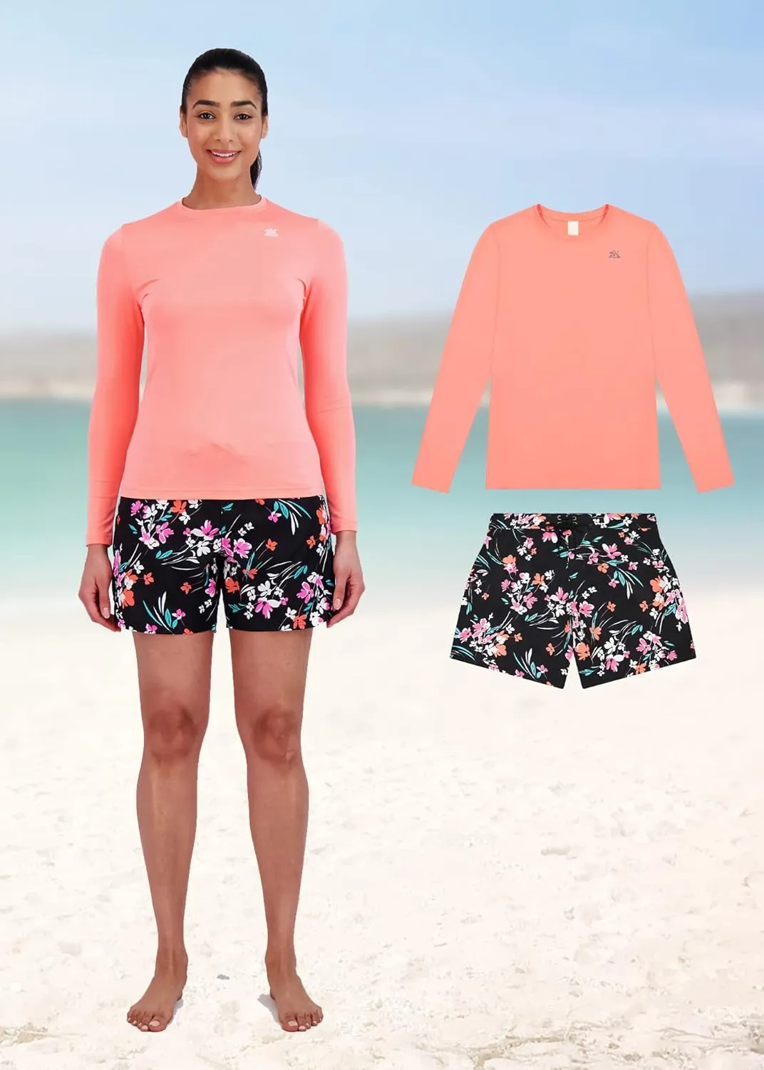 ZeroXposur Womens UV Shirt and Board Short Swimwear Set - Long Sleeve Rash Guard for Women with Printed Swim Short
