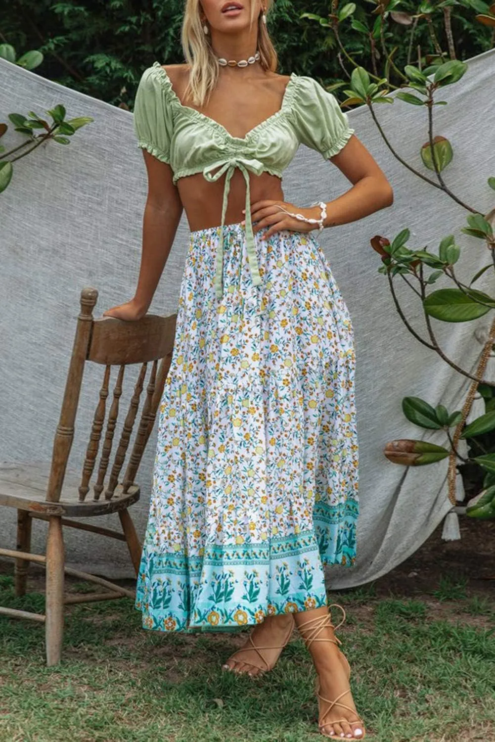 ZESICA Women's 2025 Summer Bohemian Floral Printed Elastic Waist A Line Maxi Skirt with Pockets